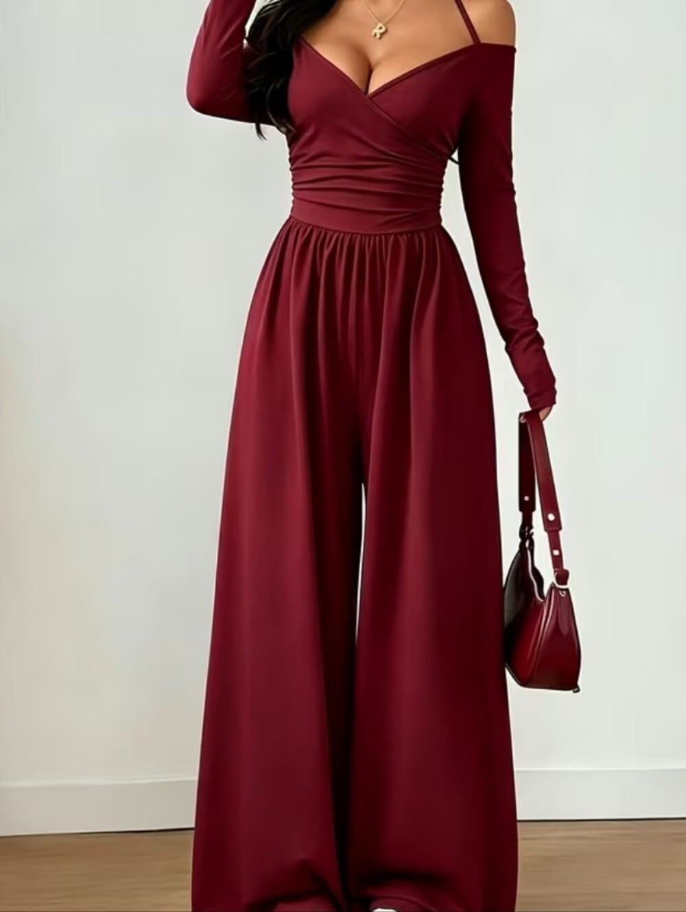 Elegant Red Wide-Leg Jumpsuit with Off-Shoulder Detail
